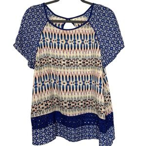 PerSeption Concept Woman's Size Large Short‎ Sleeve Keyhole Back Blue Lace Flowy